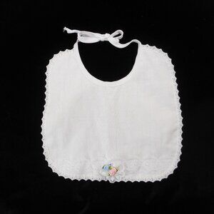 Vintage White Baby Bib Lace Trim Tie-back Rosette Flowers
